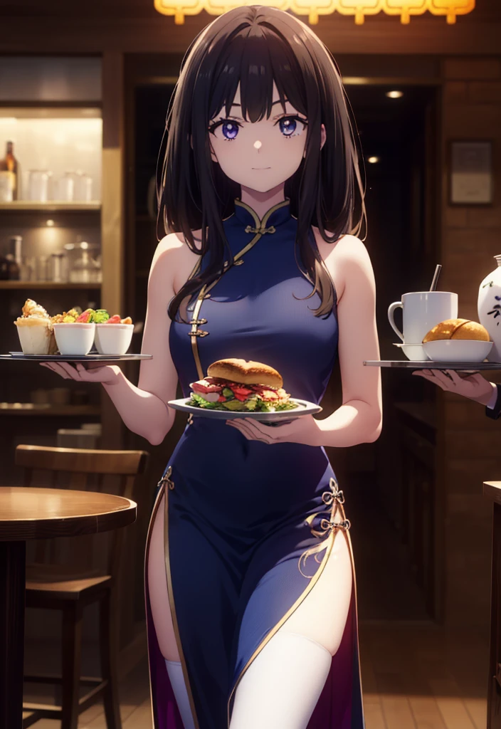 Takiuchi, Check it out, Long Hair, bangs, Black Hair, (Purple eyes:1.2),happy smile, smile, Close your mouth,
Sleeveless blue Chinese dress,Blue long slit,Black pantyhose,Stiletto heels,Tables and chairs, food, drink, tray, tray in one hand,whole bodyがイラストに入るように,Walking,
break indoors,Chinese style coffee shop,
break looking at viewer, whole body,
break (masterpiece:1.2), Highest quality, High resolution, unity 8k wallpaper, (shape:0.8), (Fine and beautiful eyes:1.6), Highly detailed face, Perfect lighting, Highly detailed CG, (Perfect hands, Perfect Anatomy),
break outdoors, city,
break looking at viewer, (Cowboy Shot:1.5),
break (masterpiece:1.2), Highest quality, High resolution, unity 8k wallpaper, (figure:0.8), (Beautiful attention to detail:1.6), Highly detailed face, Perfect lighting, Highly detailed CG, (Perfect hands, Perfect Anatomy),