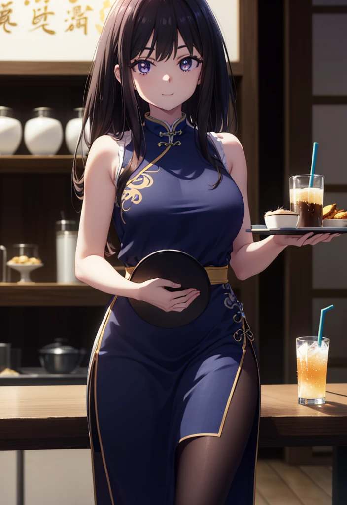 Takiuchi, Check it out, Long Hair, bangs, Black Hair, (Purple eyes:1.2),happy smile, smile, Close your mouth,
Sleeveless blue Chinese dress,Blue long slit,Black pantyhose,Stiletto heels,Tables and chairs, food, drink, tray, tray in one hand,whole bodyがイラストに入るように,Walking,
break indoors,Chinese style coffee shop,
break looking at viewer, whole body,
break (masterpiece:1.2), Highest quality, High resolution, unity 8k wallpaper, (shape:0.8), (Fine and beautiful eyes:1.6), Highly detailed face, Perfect lighting, Highly detailed CG, (Perfect hands, Perfect Anatomy),
break outdoors, city,
break looking at viewer, (Cowboy Shot:1.5),
break (masterpiece:1.2), Highest quality, High resolution, unity 8k wallpaper, (figure:0.8), (Beautiful attention to detail:1.6), Highly detailed face, Perfect lighting, Highly detailed CG, (Perfect hands, Perfect Anatomy),