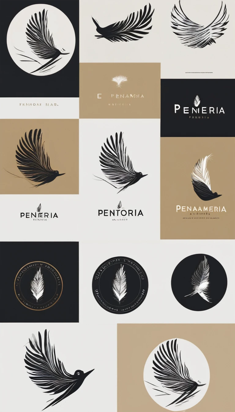 A minimal, modern, simple, cinematic logo design e of a boy with a head full of feathers for the brand “Penamemoria".