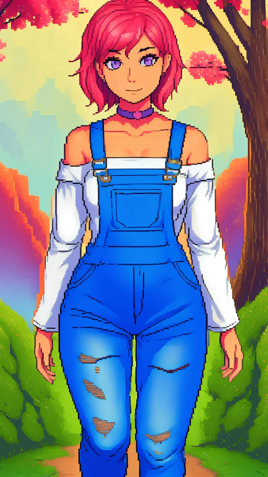, sad, farm backround, Full body, looking at viewer, 1girl, solo, short pink hair, (dark blue choker), (dark blue denim overalls), (purple eyes), (pink boots), (white shoulder lantern sleeve blouse, tucked in pants