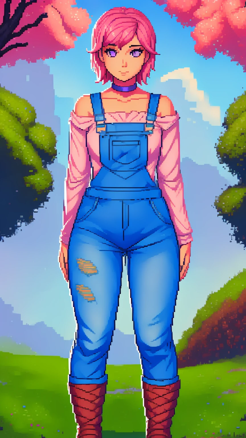 , sad, farm backround, Full body, looking at viewer, 1girl, solo, short pink hair, (dark blue choker), (dark blue denim overalls), (purple eyes), (pink boots), (white shoulder lantern sleeve blouse, tucked in pants