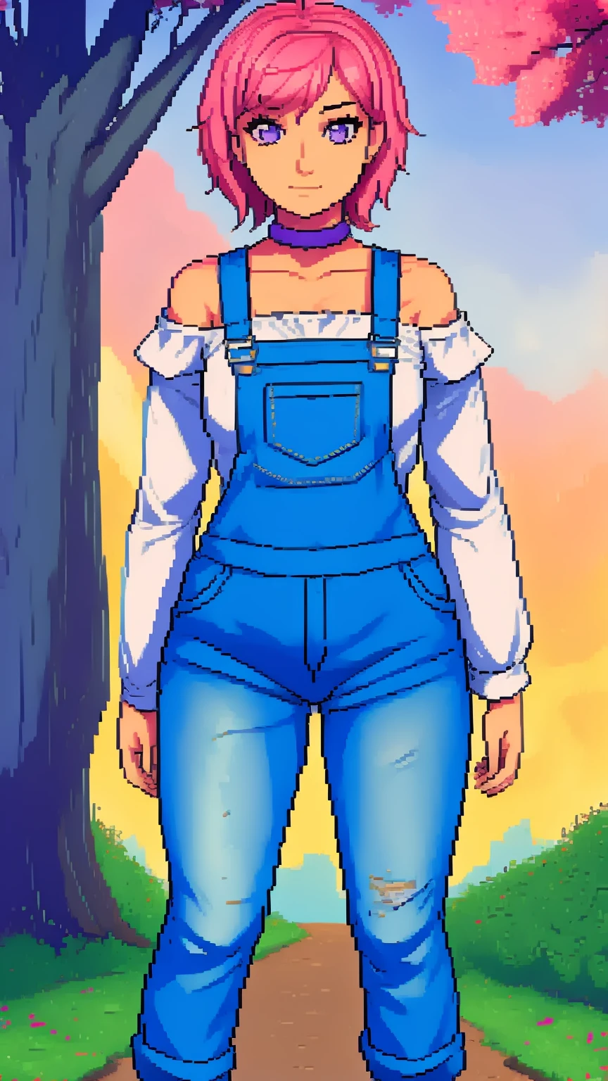 , sad, farm backround, Full body, looking at viewer, 1girl, solo, short pink hair, (dark blue choker), (dark blue denim overalls), (purple eyes), (pink boots), (white shoulder lantern sleeve blouse, tucked in pants