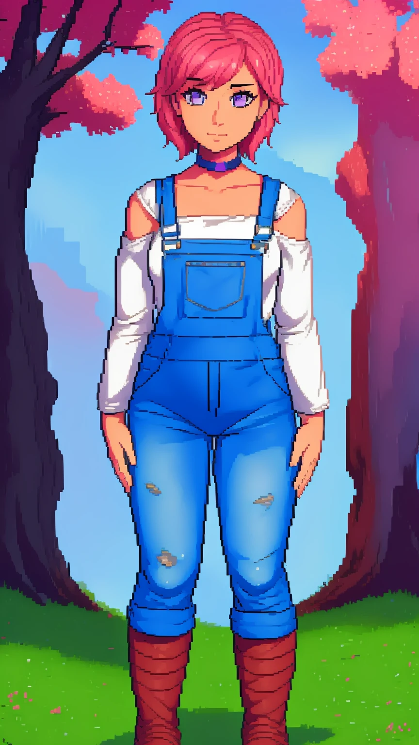 , sad, farm backround, Full body, looking at viewer, 1girl, solo, short pink hair, (dark blue choker), (dark blue denim overalls), (purple eyes), (pink boots), (white shoulder lantern sleeve blouse, tucked in pants
