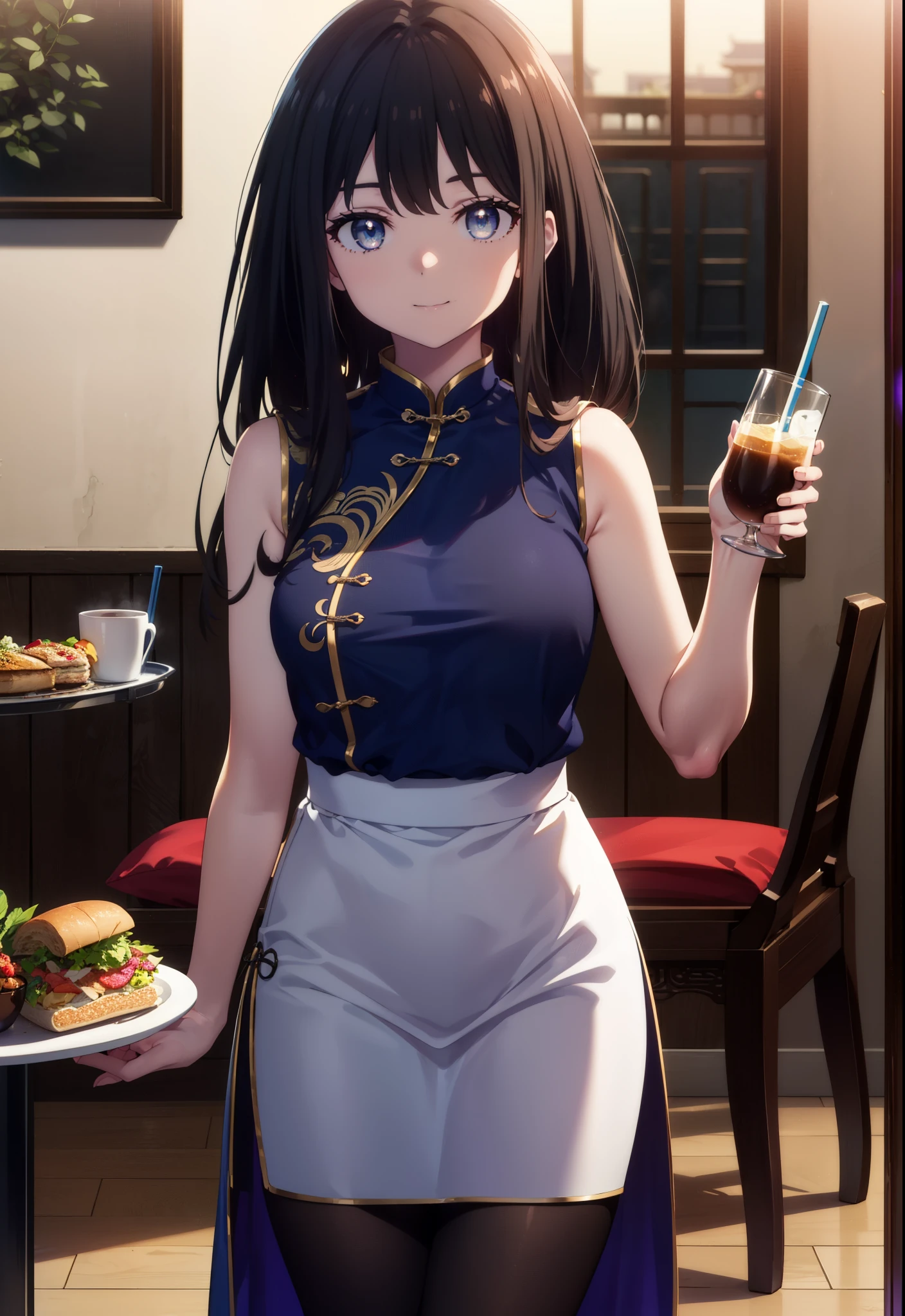 Takiuchi, Check it out, Long Hair, bangs, Black Hair, (Purple eyes:1.2),happy smile, smile, Close your mouth,
Sleeveless blue Chinese dress,Blue long slit,Black pantyhose,Stiletto heels,Tables and chairs, food, drink, tray, tray in one hand,whole bodyがイラストに入るように,Walking,
break indoors,Chinese style coffee shop,
break looking at viewer, whole body,
break (masterpiece:1.2), Highest quality, High resolution, unity 8k wallpaper, (shape:0.8), (Fine and beautiful eyes:1.6), Highly detailed face, Perfect lighting, Highly detailed CG, (Perfect hands, Perfect Anatomy),
break outdoors, city,
break looking at viewer, (Cowboy Shot:1.5),
break (masterpiece:1.2), Highest quality, High resolution, unity 8k wallpaper, (figure:0.8), (Beautiful attention to detail:1.6), Highly detailed face, Perfect lighting, Highly detailed CG, (Perfect hands, Perfect Anatomy),