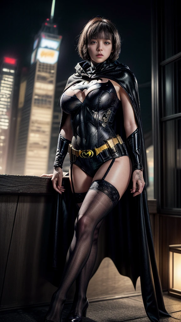 ((Cowboy Shot))、Mature Woman、(masterpiece, Highest quality), Intricate details, 8K, 1 Girl, Long Hair, Bowl Cut Hair,((blunt bangs))、 Black Hair,((Ultra-detailed and intricately designed Batman suit)),Skyscraper, city, building,street,((Delicate painting))，(Detailed RAW photos of girls), (Masterpiece:1.25), (Highest quality:1.6), (Ultra-high resolution:1.5), (Photorealistic:1.75), 8K resolution, Canon EOS R5, 50mm, Confused, Very detailed,Cinema Lighting、(((Super big breasts)))、Leg spread、The abdomen is visible、((Separate suits))、Ultra-detailed and intricately decorated Batman knee-high socks、Sexy pose、Super delicate and ultra sexy decoration on Batman suit、　((Cape))