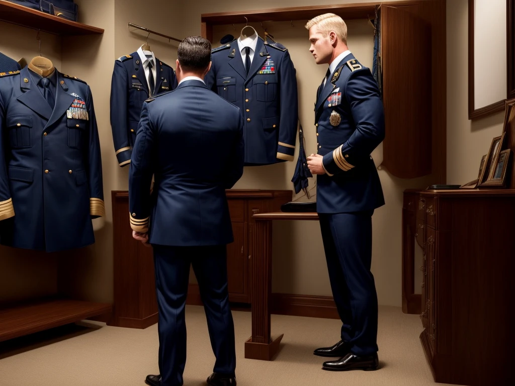 A handsome blond guy, , looks at the ceremonial officer's uniform of a "Navy Seal" with awards, which hangs on a suit hanger standing on the floor, and engages in masturbation. Watching him from behind is a naked, blond, muscular Navy SEAL officer, 35 years old, handsome and arrogant. The officer has a big dick, an erection, and a boner.