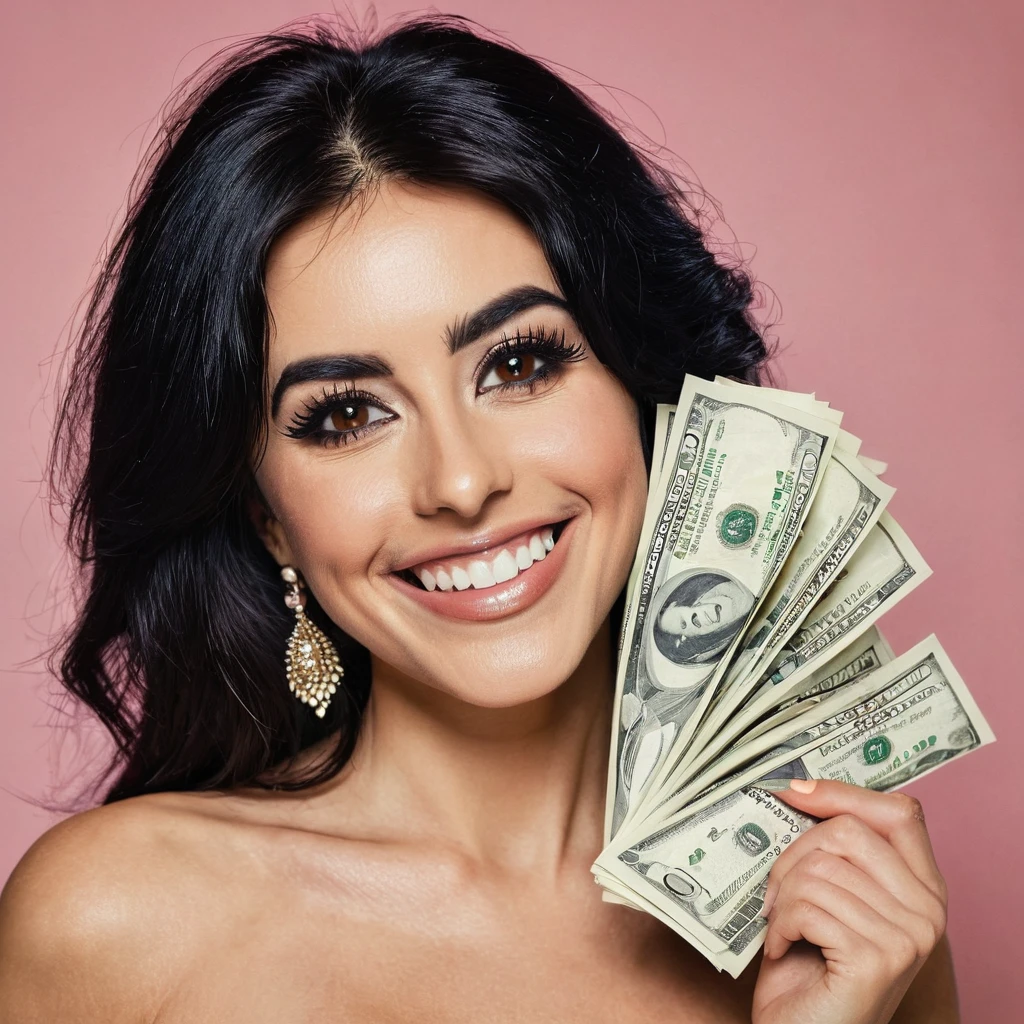 bearded woman beautiful shaggy beard, black hair, brown eyes, eyeliner, proud smile, seductive look, hold a load of dollar bills
