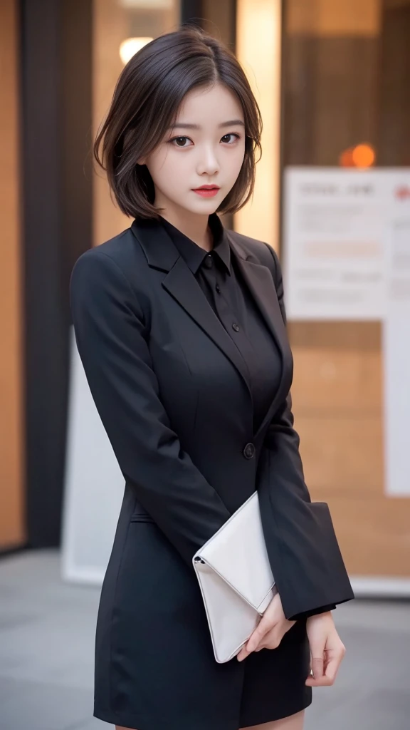 best quality, masterpiece, 1 Girl, Pretty Face, 25 years old，Mature，(photo Practical:1.3), Rim Light, (High Detail Skin:1.2), 8K uhd, Digital SLR Camera, high quality, high resolution, 4K, 8K, Bokeh,  absurd, The best ratio of four fingers and one thumb, (Practical:1.3), cute 1 Girl, Wearing a black formal suit jacket, Medium breasts, Short skirt,