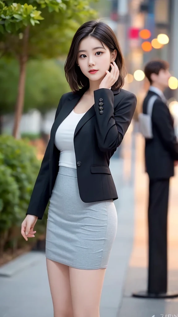 best quality, masterpiece, 1 Girl, Pretty Face, 25 years old,Mature,(photo Practical:1.3), Rim Light, (High Detail Skin:1.2), 8K uhd, Digital SLR Camera, high quality, high resolution, 4K, 8K, Bokeh, absurd, The best ratio of four fingers and one thumb, (Practical:1.3), cute 1 Girl, Wearing a black formal suit jacket, Medium breasts, Short skirt,