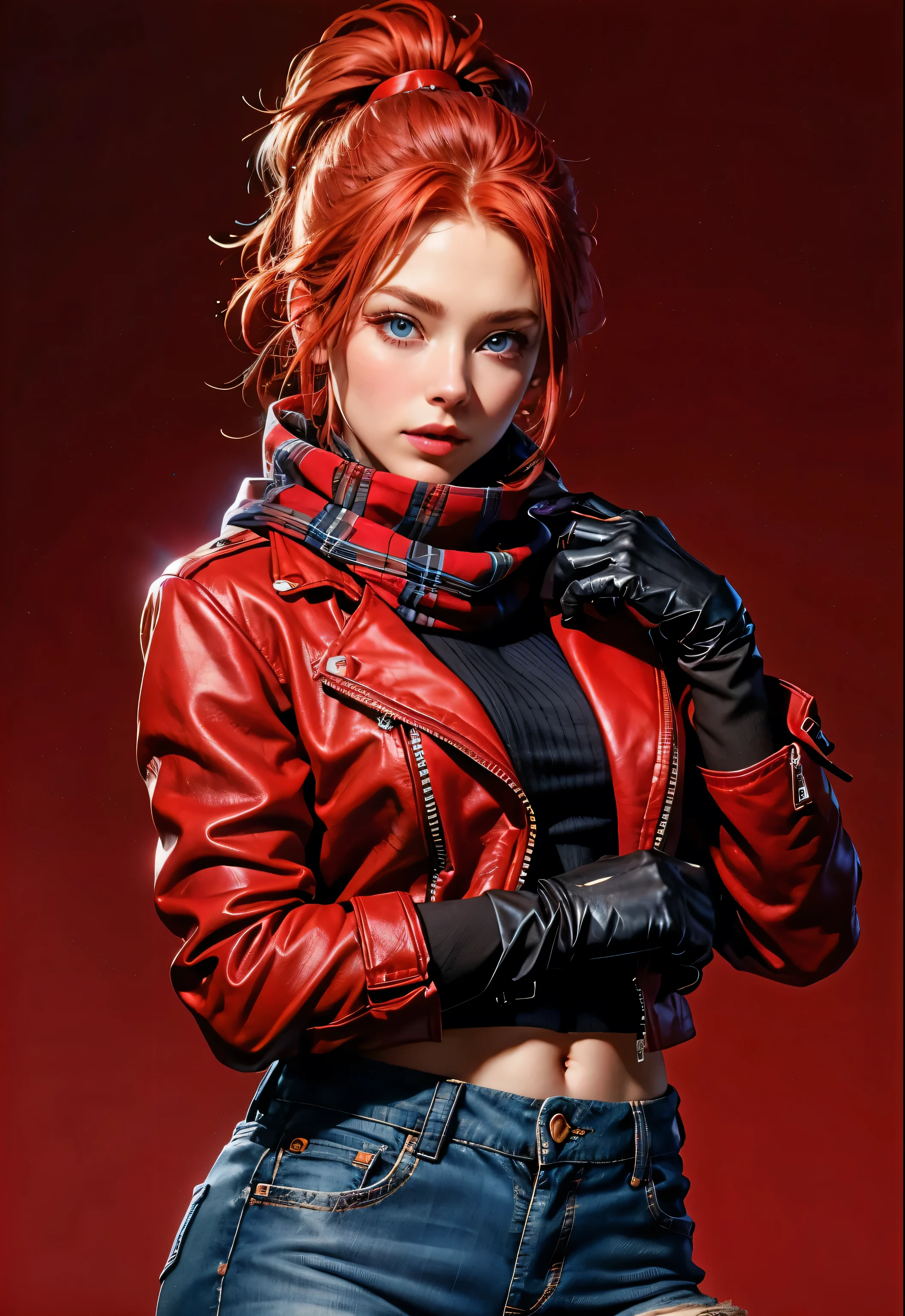 Beautiful redhead with blue eyes, ponytail, wearing a red scarf, plaid background, wearing a red leather jacket, black blouse, jeans, black gloves, best quality, very beautiful redhead, blushing,