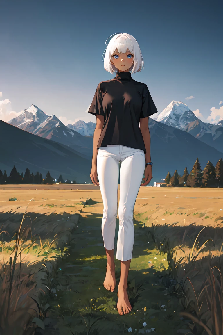 1girl, dark skin, white hair, bob cut, black shirt, turtleneck, short sleeve, white pants, bare feet, standing, outdoors, grass, mountains, night sky