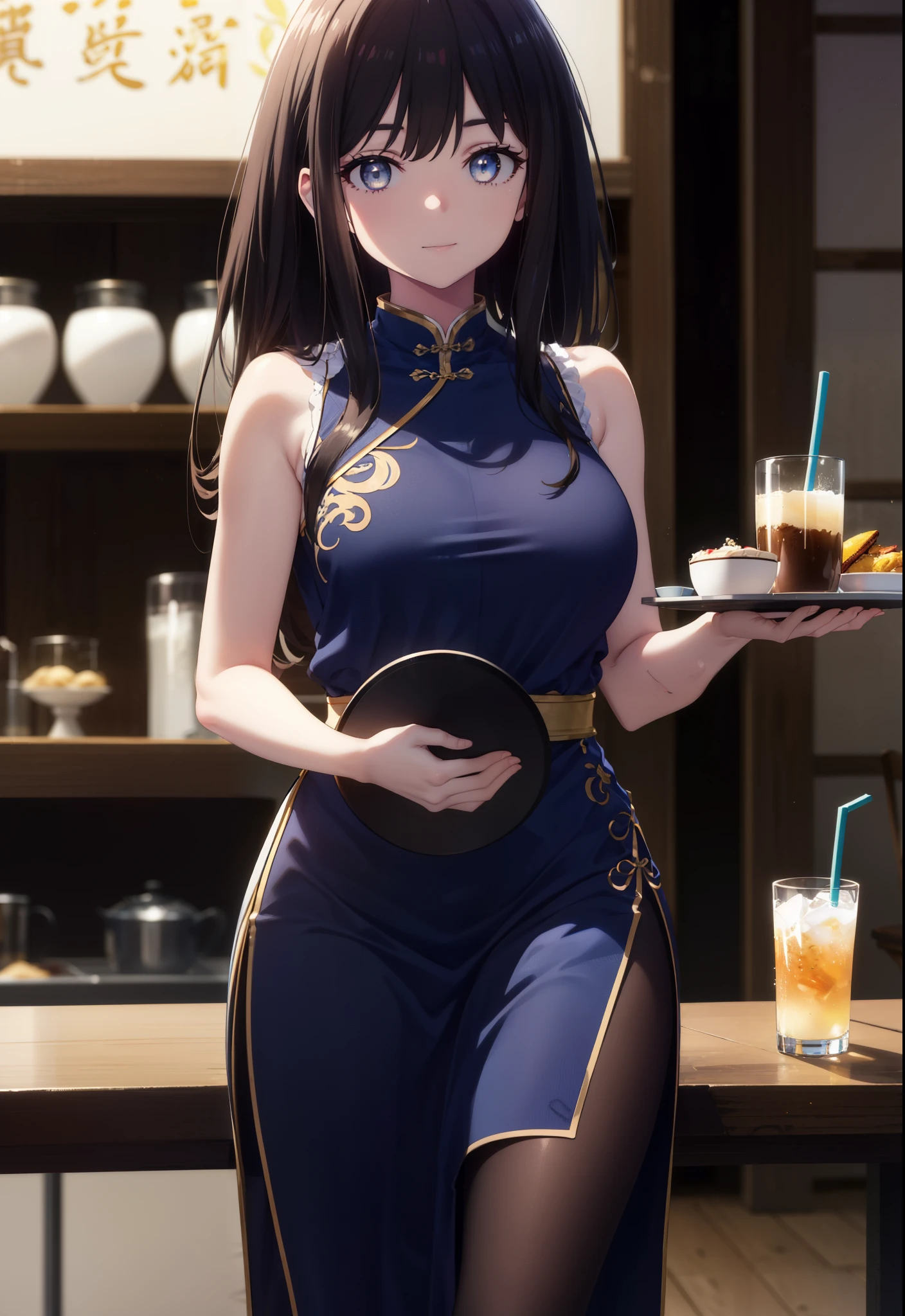 Takiuchi, Check it out, Long Hair, bangs, Black Hair, (Purple eyes:1.2),happy smile, smile, Close your mouth,
Sleeveless blue Chinese dress,Blue long slit,Black pantyhose,Stiletto heels,Tables and chairs, food, drink, tray, tray in one hand,whole bodyがイラストに入るように,Walking,
break indoors,Chinese style coffee shop,
break looking at viewer, whole body,
break (masterpiece:1.2), Highest quality, High resolution, unity 8k wallpaper, (shape:0.8), (Fine and beautiful eyes:1.6), Highly detailed face, Perfect lighting, Highly detailed CG, (Perfect hands, Perfect Anatomy),
break outdoors, city,
break looking at viewer, (Cowboy Shot:1.5),
break (masterpiece:1.2), Highest quality, High resolution, unity 8k wallpaper, (figure:0.8), (Beautiful attention to detail:1.6), Highly detailed face, Perfect lighting, Highly detailed CG, (Perfect hands, Perfect Anatomy),