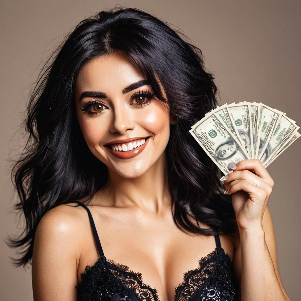 bearded woman beautiful shaggy beard, black hair, brown eyes, eyeliner, proud smile, seductive look, hold a load of dollar bills