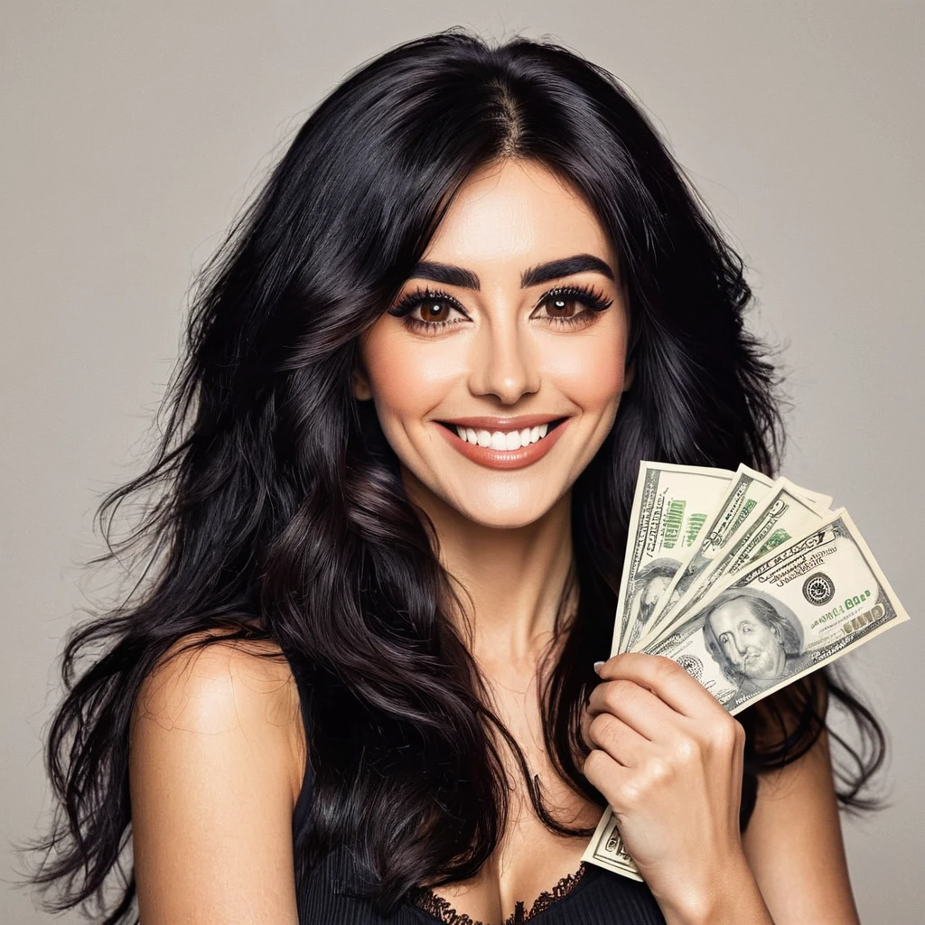
bearded woman beautiful shaggy beard, black hair, brown eyes, eyeliner, proud smile, seductive look, hold a load of dollar bills