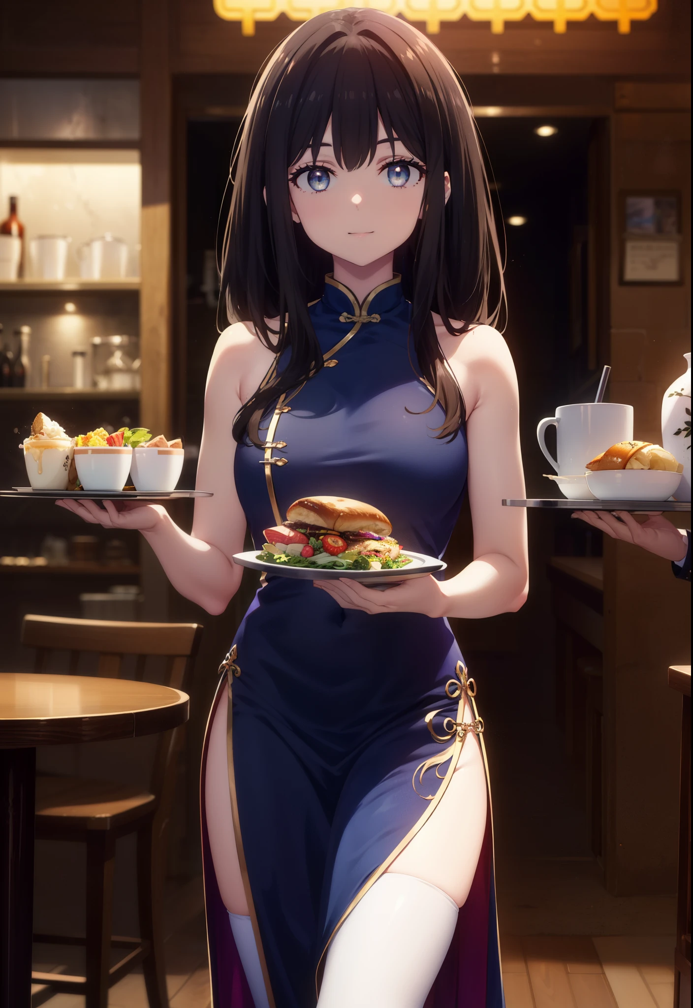 Takiuchi, Check it out, Long Hair, bangs, Black Hair, (Purple eyes:1.2),happy smile, smile, Close your mouth,
Sleeveless blue Chinese dress,Blue long slit,Black pantyhose,Stiletto heels,Tables and chairs, food, drink, tray, tray in one hand,whole bodyがイラストに入るように,Walking,
break indoors,Chinese style coffee shop,
break looking at viewer, whole body,
break (masterpiece:1.2), Highest quality, High resolution, unity 8k wallpaper, (shape:0.8), (Fine and beautiful eyes:1.6), Highly detailed face, Perfect lighting, Highly detailed CG, (Perfect hands, Perfect Anatomy),
break outdoors, city,
break looking at viewer, (Cowboy Shot:1.5),
break (masterpiece:1.2), Highest quality, High resolution, unity 8k wallpaper, (figure:0.8), (Beautiful attention to detail:1.6), Highly detailed face, Perfect lighting, Highly detailed CG, (Perfect hands, Perfect Anatomy),