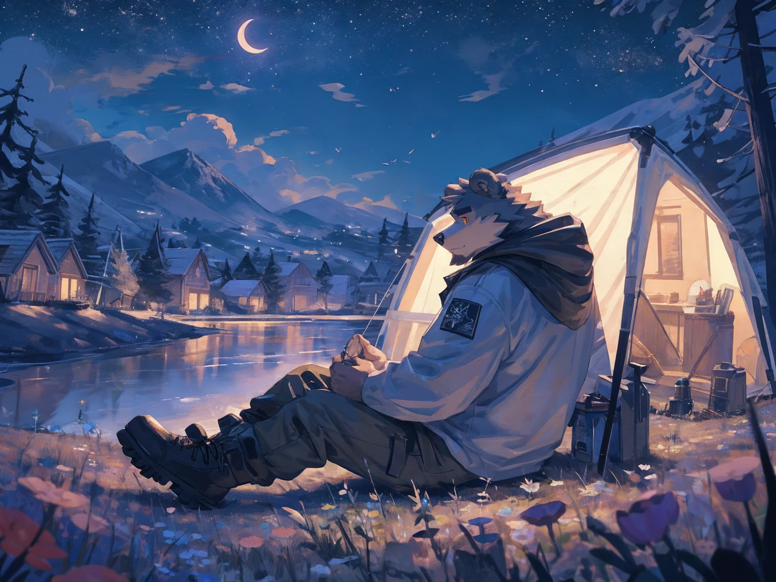 (masterpiece:1.2), best quality,pixiv,official art,perfect anatomy, (Ray tracing, light),solo, (1_male:1.3) , (muscle), (grey fur:1.4), (muscle bear), (beard:1.2), (gleaming golden eyes), bear tail, Thick black eyebrows, (open hooded parka) , (naked inside:1.2), cargo pants, (boots:1.2), (A skyline at lakeland:1.3),twinkling stars, Milky Way, outdoors ,solo camp , camping, flower road, flower . trees