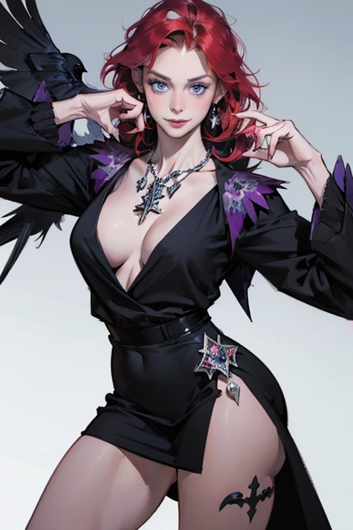 ((raven in background:1.4)),((ultra realistic illustration:1.2)), Tall, slender ((redhead)) woman of Irish descent. (pale:1.3)complexion. blue eyes, cute , nice legs. Kind eyes, (cute smile).  Mascara, eye shadow, blush, necklace, cocktail dress stiletto heels. Masterpiece, (highly detailed:1.2),(detailed face and eyes:1.2), 8k wallpaper, natural lighting. core shadows, high contrast, bokeh.