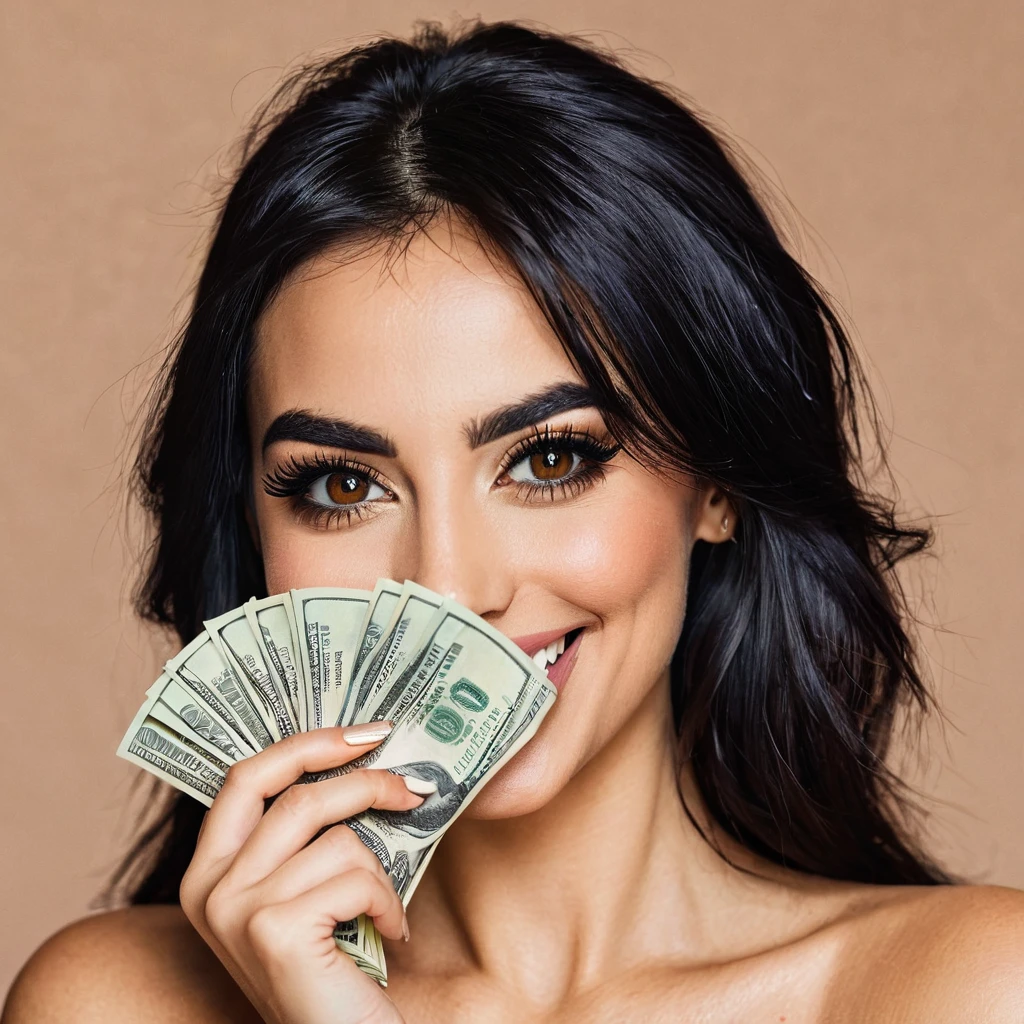 
bearded woman beautiful shaggy beard, black hair, brown eyes, eyeliner, proud smile, seductive look, hold a load of dollar bills