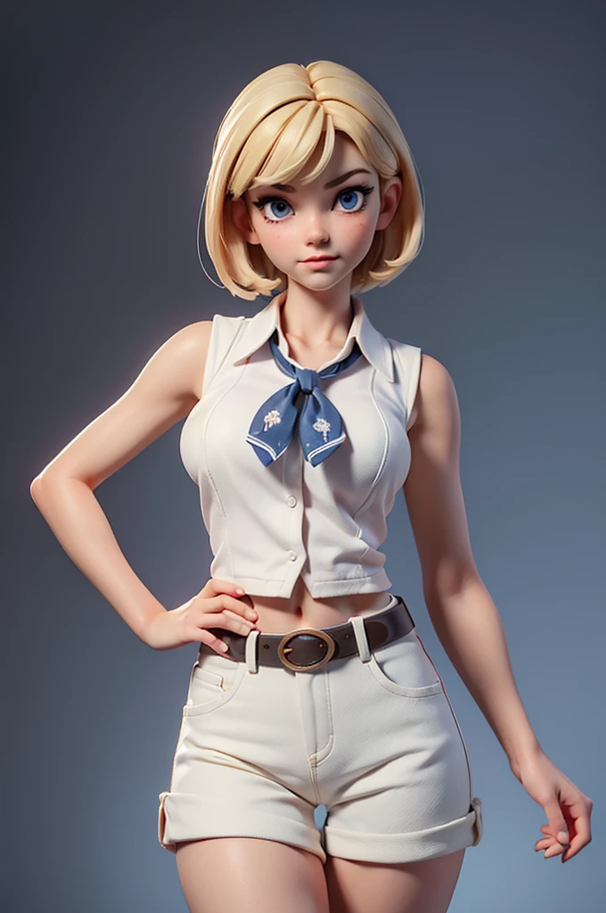 (((((only))))),(((((masterpiece))))), (((((Best Quality))))),(((((Very detailed))))), finely, Depth of written boundary, Sharp details, Detailed clothing, High resolution,
One girl, Bang beautiful detailed face:1.3), clavicle, Collared shirt, ((White sleeveless collared shirt)), Varios botones se abren para mostrar el Neckline, Show your belly, blue eyes, Blonde, Neckline, ((cowboy)), (cowboy もっている:1.3),Medium breast, belly button, neckerchief, 赤いneckerchief, short hair, shorts, Shorts, Healthy thighs, gun belt ,cowboy western,Monotone background, Thigh Gap