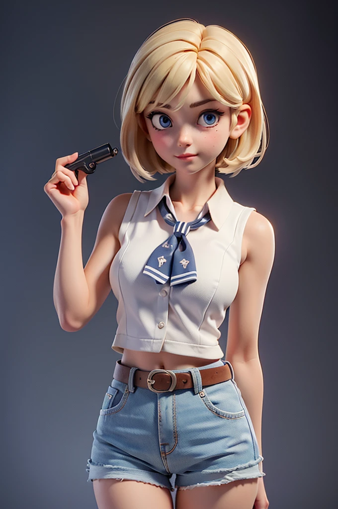 (((((only))))),(((((masterpiece))))), (((((Best Quality))))),(((((Very detailed))))), finely, Depth of written boundary, Sharp details, Detailed clothing, High resolution,
One girl, Bang beautiful detailed face:1.3), clavicle, Collared shirt, ((White sleeveless collared shirt)), Varios botones se abren para mostrar el Neckline, Show your belly, blue eyes, Blonde, Neckline, ((cowboy)), (cowboy もっている:1.3),Medium breast, belly button, neckerchief, 赤いneckerchief, short hair, shorts, Shorts, Healthy thighs, gun belt ,cowboy western,Monotone background, Thigh Gap