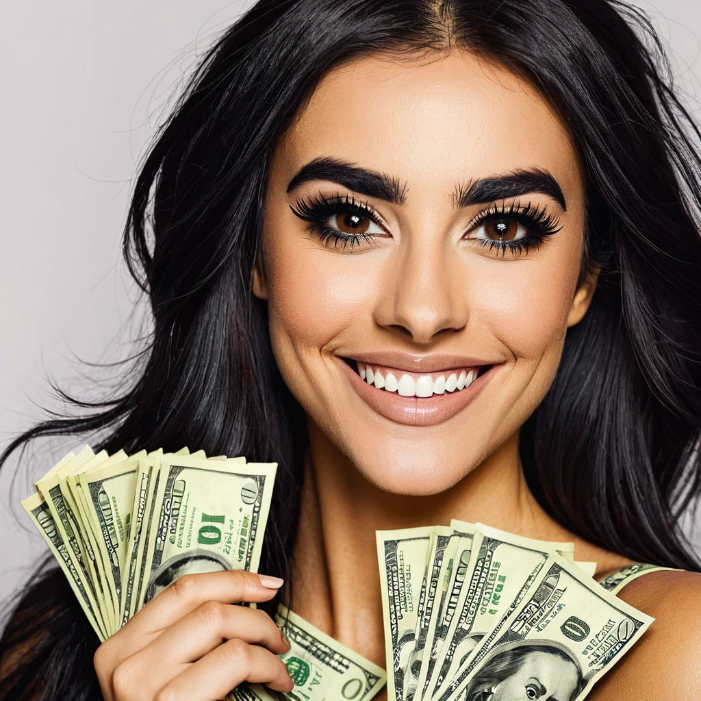 bearded woman beautiful shaggy beard, black hair, brown eyes, eyeliner, proud smile, seductive look, hold a load of dollar bills