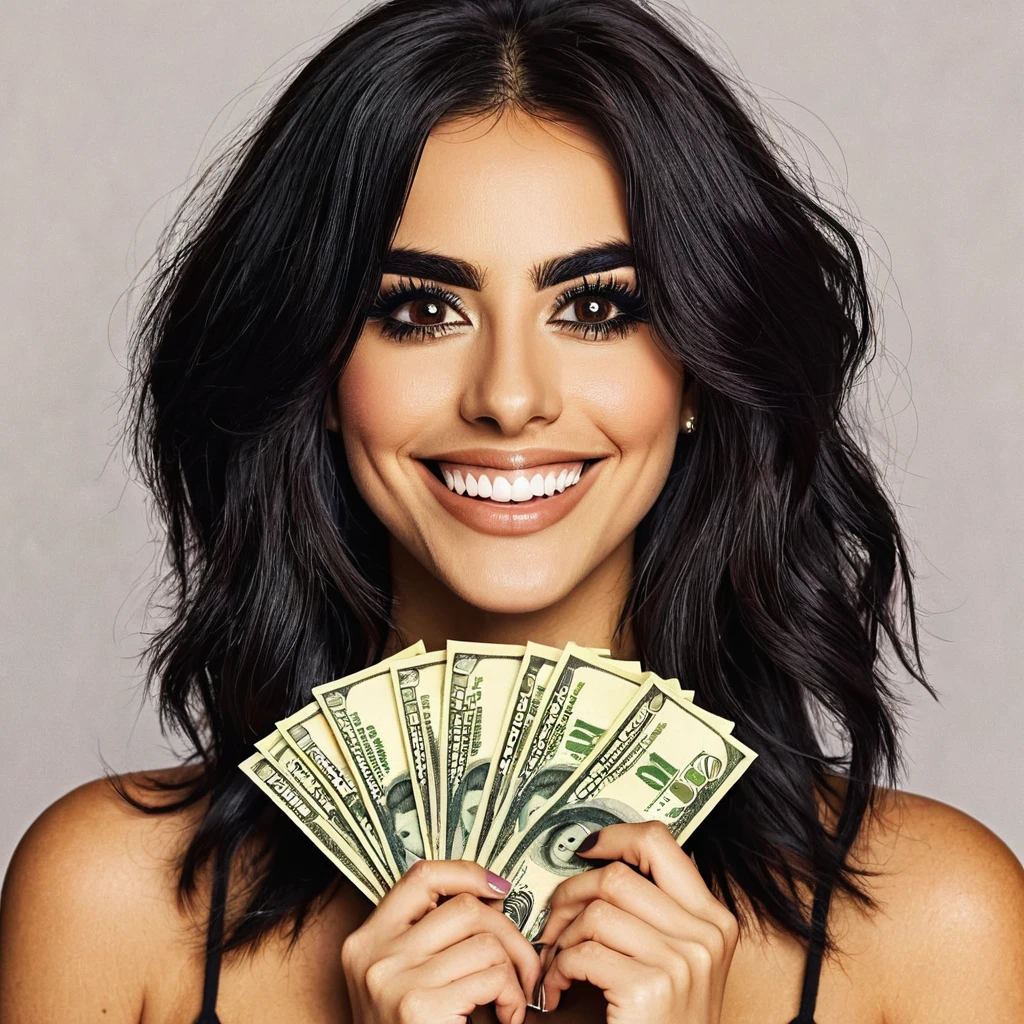 
bearded woman beautiful shaggy beard, black hair, brown eyes, eyeliner, proud smile, seductive look, hold a load of dollar bills
