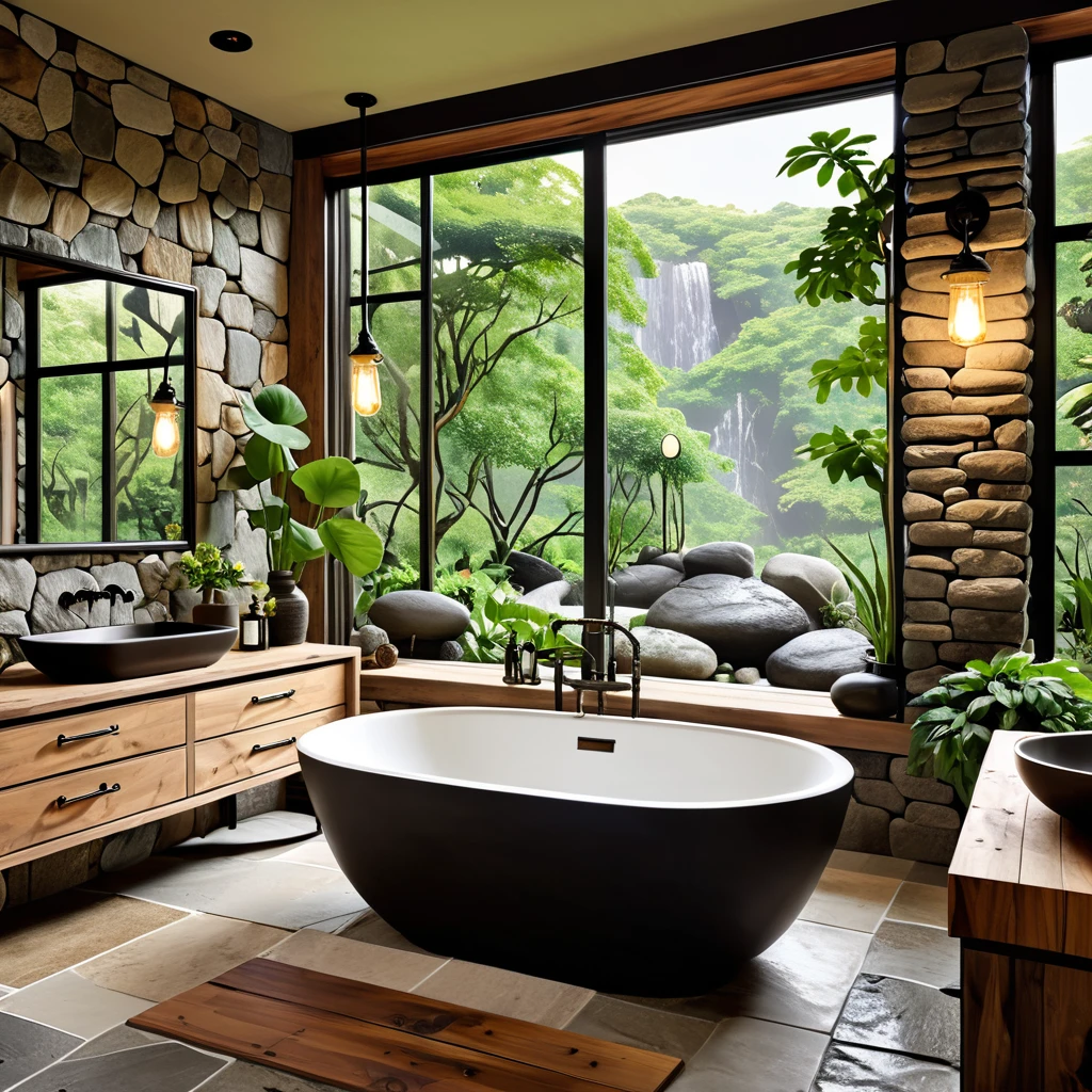 A vintage-inspired bathroom with an elegant design and natural elements. The room features a large, black freestanding bathtub, a wooden vanity with a classic sink, and vintage lighting fixtures. The walls are adorned with textured stone tiles, and a large glass window provides a stunning view of a natural rock garden and lush greenery. The color palette consists of dark tones with vintage wood and stone accents, creating a nostalgic and serene atmosphere.