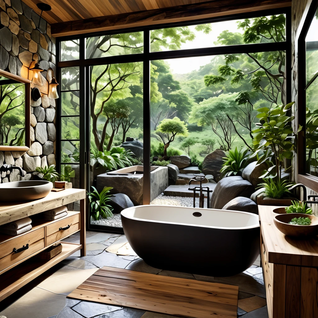 A vintage-inspired bathroom with an elegant design and natural elements. The room features a large, black freestanding bathtub, a wooden vanity with a classic sink, and vintage lighting fixtures. The walls are adorned with textured stone tiles, and a large glass window provides a stunning view of a natural rock garden and lush greenery. The color palette consists of dark tones with vintage wood and stone accents, creating a nostalgic and serene atmosphere.