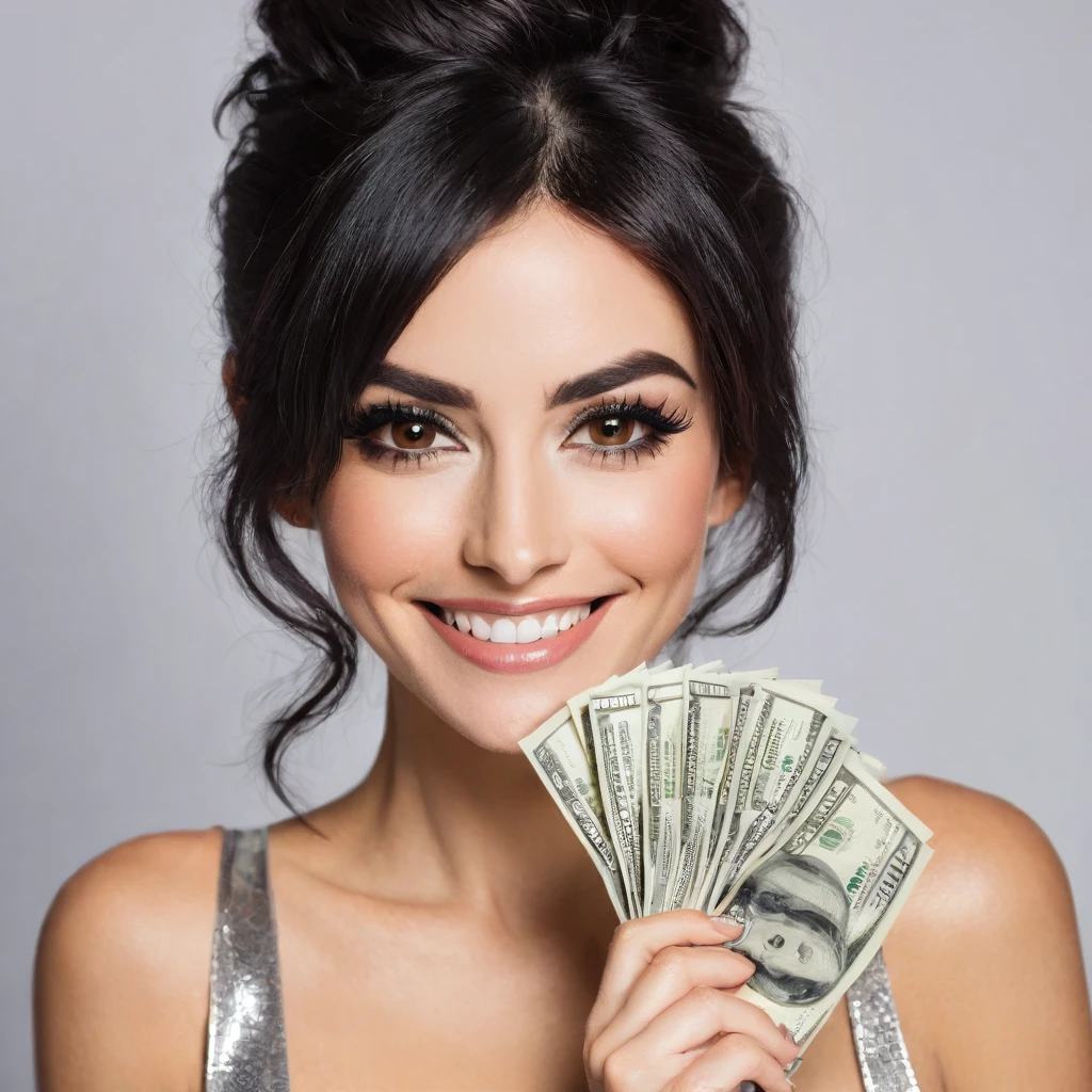 
bearded woman beautiful shaggy beard, black hair, brown eyes, eyeliner, proud smile, seductive look, hold a load of dollar bills