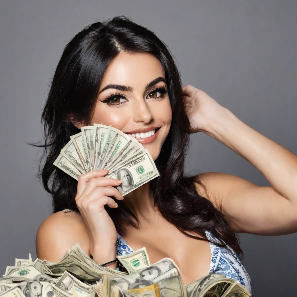 
bearded woman beautiful shaggy beard, black hair, brown eyes, eyeliner, proud smile, seductive look, hold a load of dollar bills