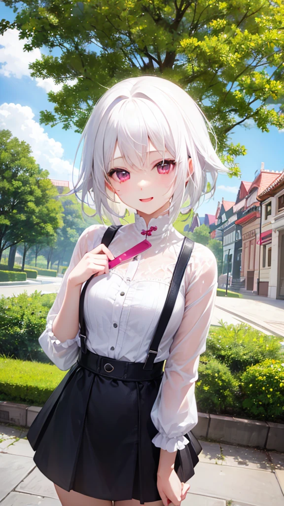 White Hair、Pink Eyes、Short Hair、laughing、Only one girl、alone、Cute、Face is close、Daytime、at the park、it's raining、With an umbrella