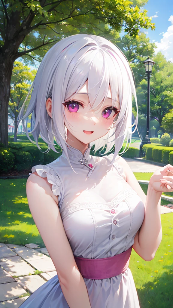 White Hair、Pink Eyes、Short Hair、laughing、Only one girl、alone、Cute、Face is close、Daytime、at the park、it's raining、With an umbrella
