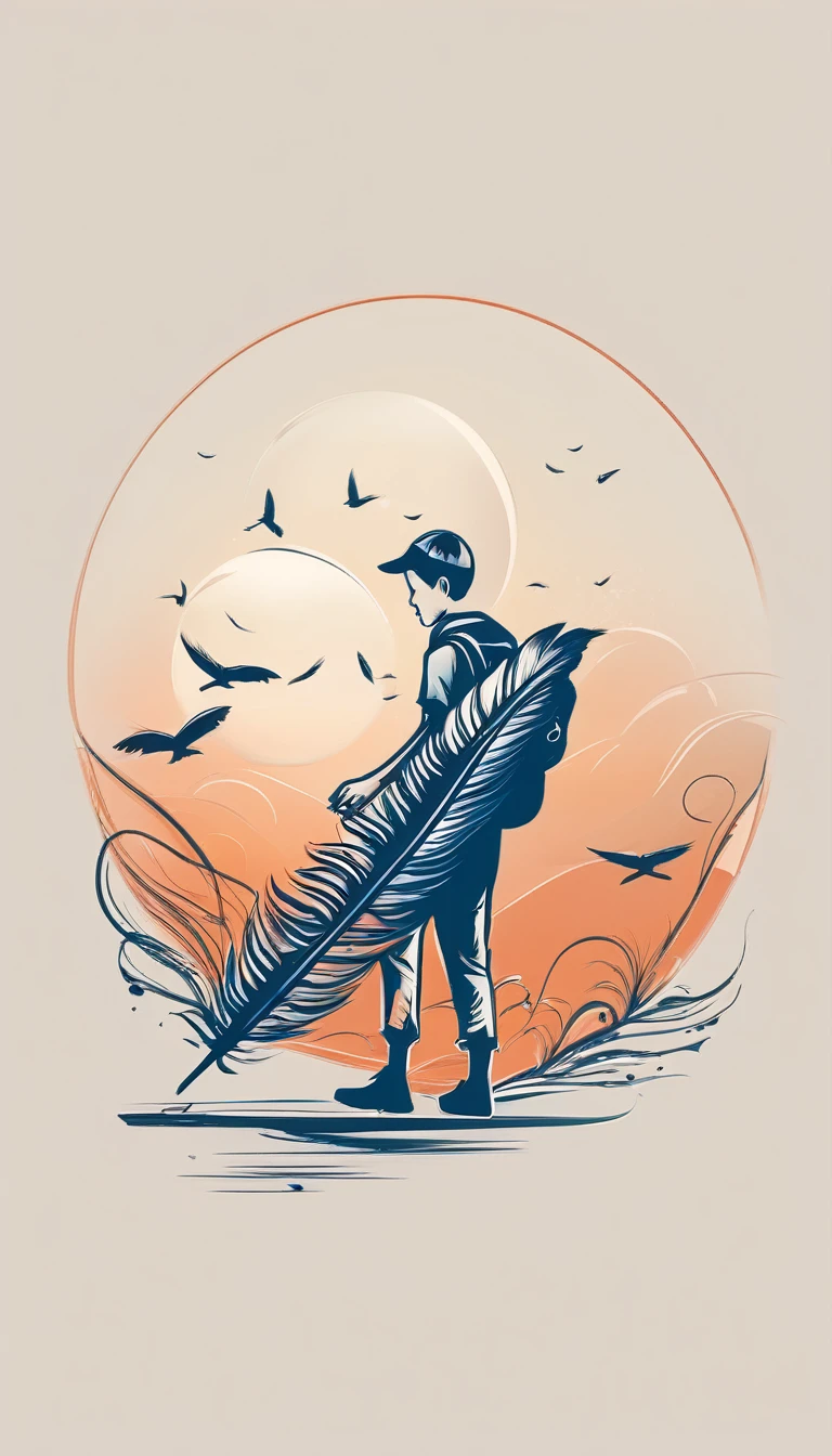 Create a minimalistic, simple, fantastic, easy to understand, logo design of a boy chasing memories with a feather.