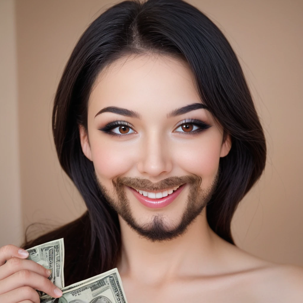 bearded woman beautiful shaggy beard, black hair, brown eyes, eyeliner, proud smile, seductive look, hold a load of dollar bills