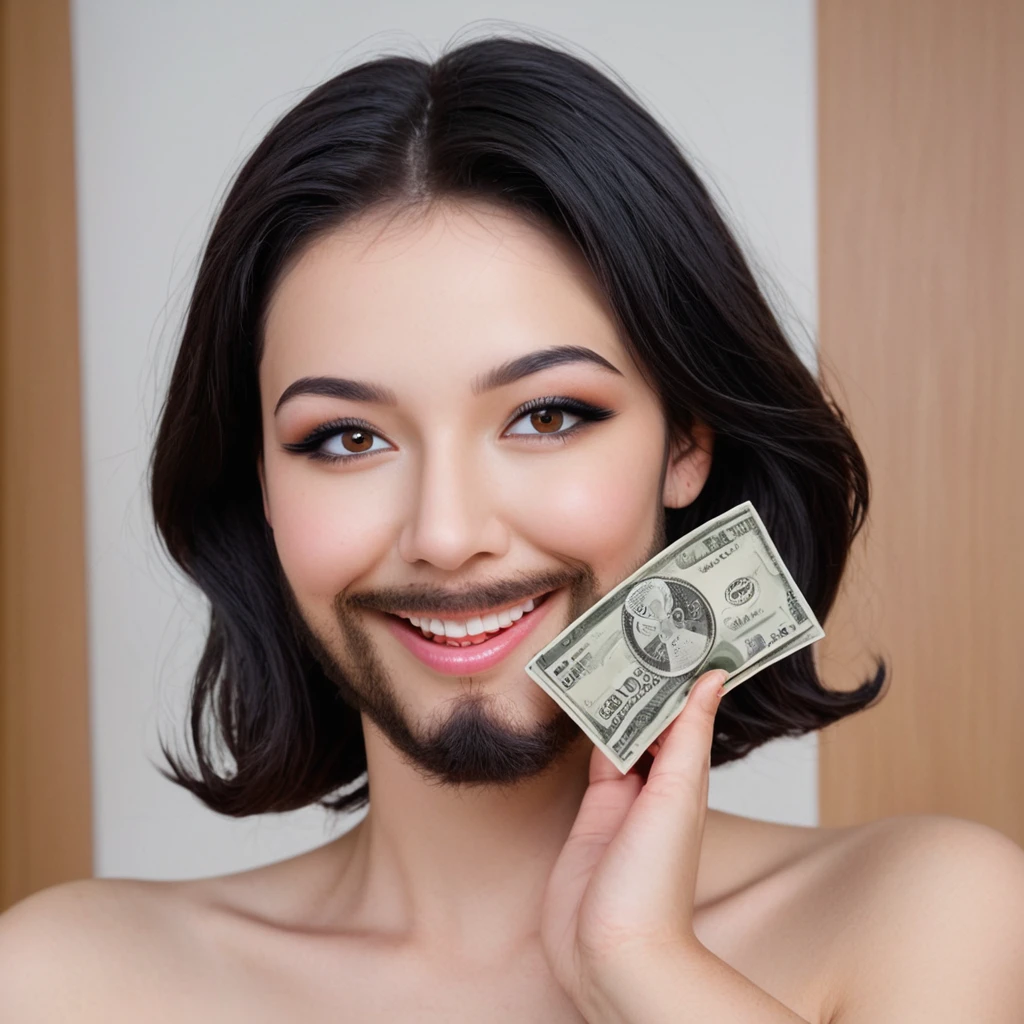 bearded woman beautiful shaggy beard, black hair, brown eyes, eyeliner, proud smile, seductive look, hold a load of dollar bills
