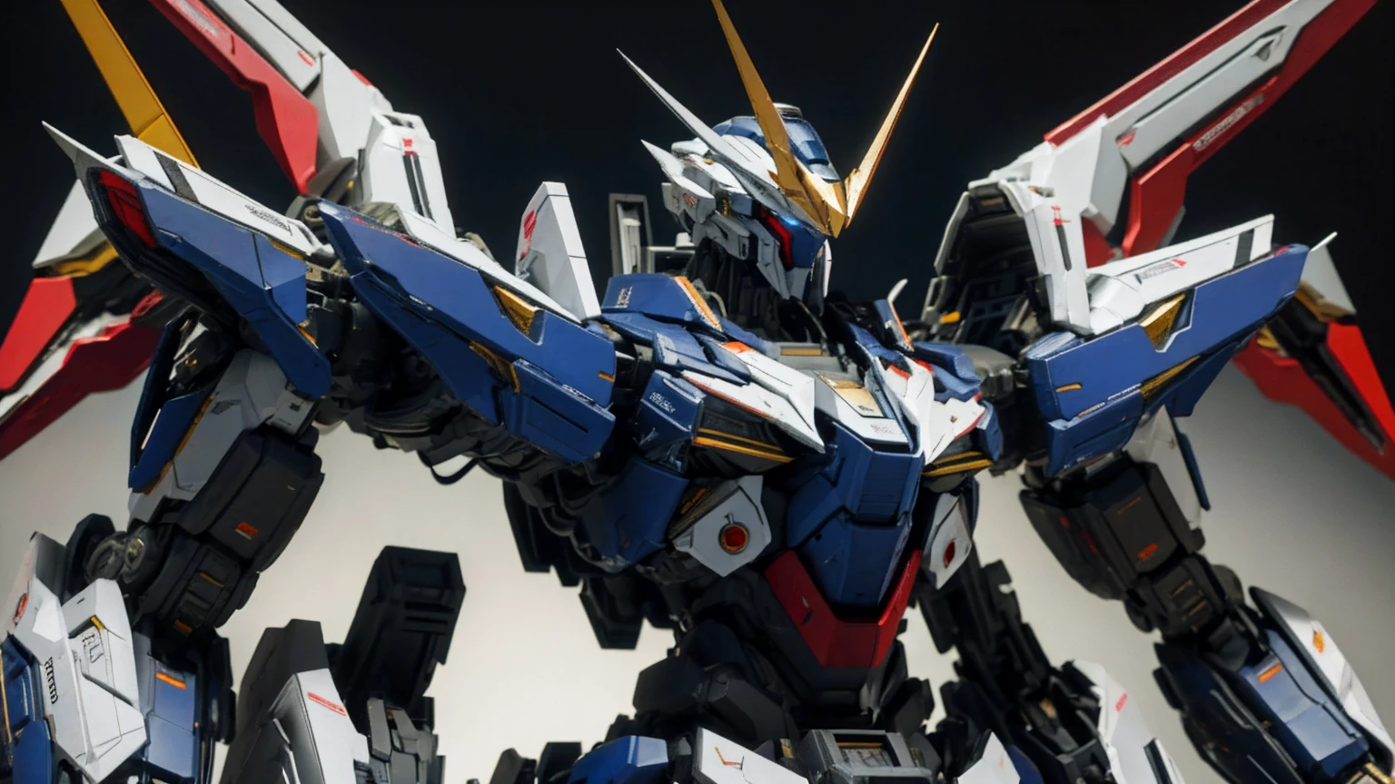 Real、high resolution、8K、Giant humanoid robot、Strike Freedom、In the hangar、fixed、The cockpit hatch in the center of the chest is open.、Full Body Shot、
