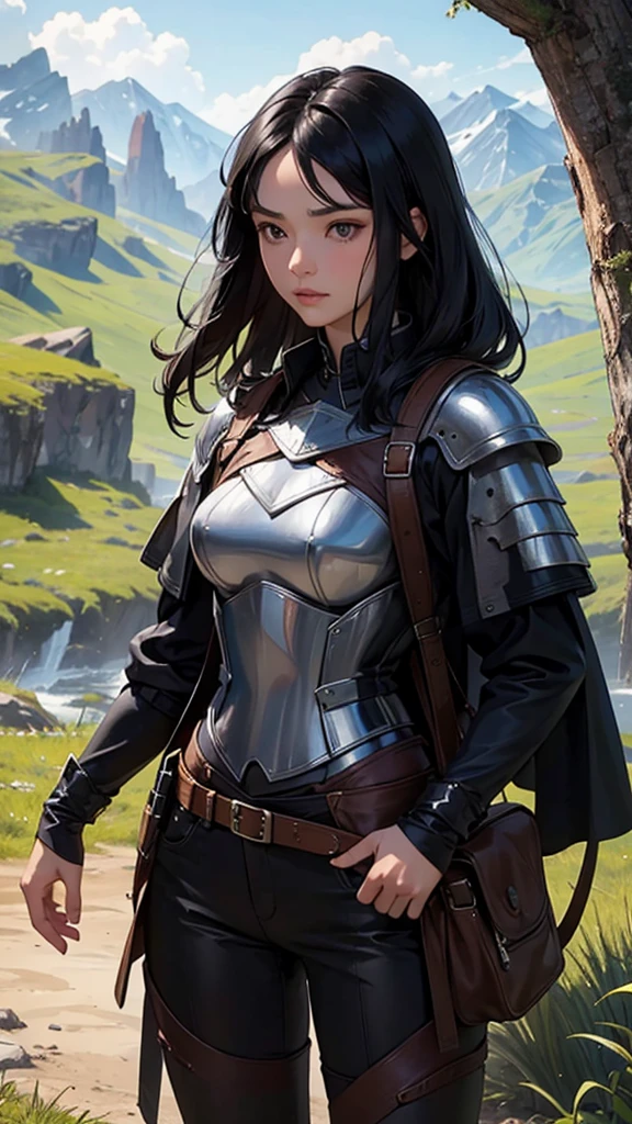 A beautiful black-haired woman standing in the wilderness wearing Western armor