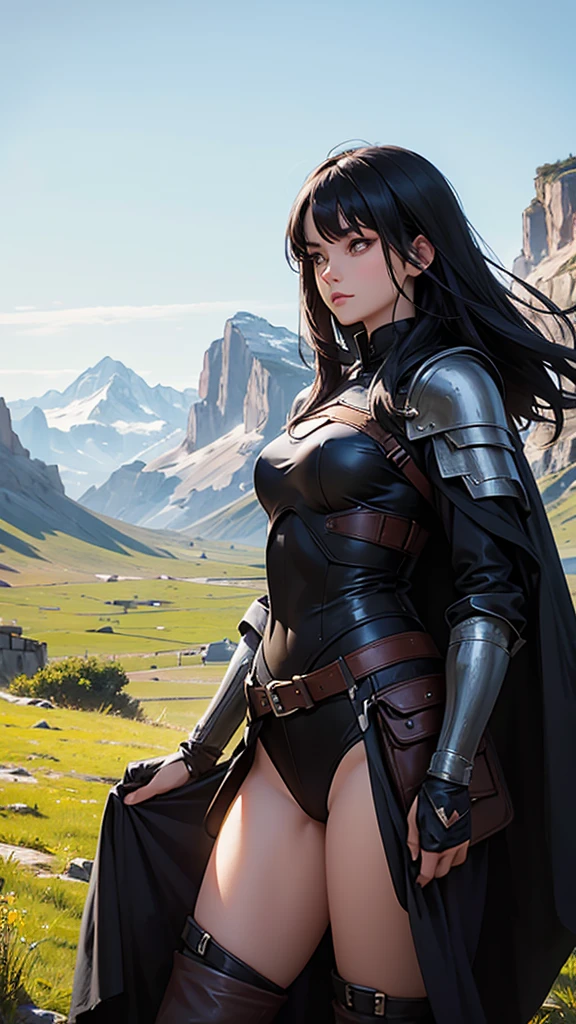 A beautiful black-haired woman standing in the wilderness wearing Western armor