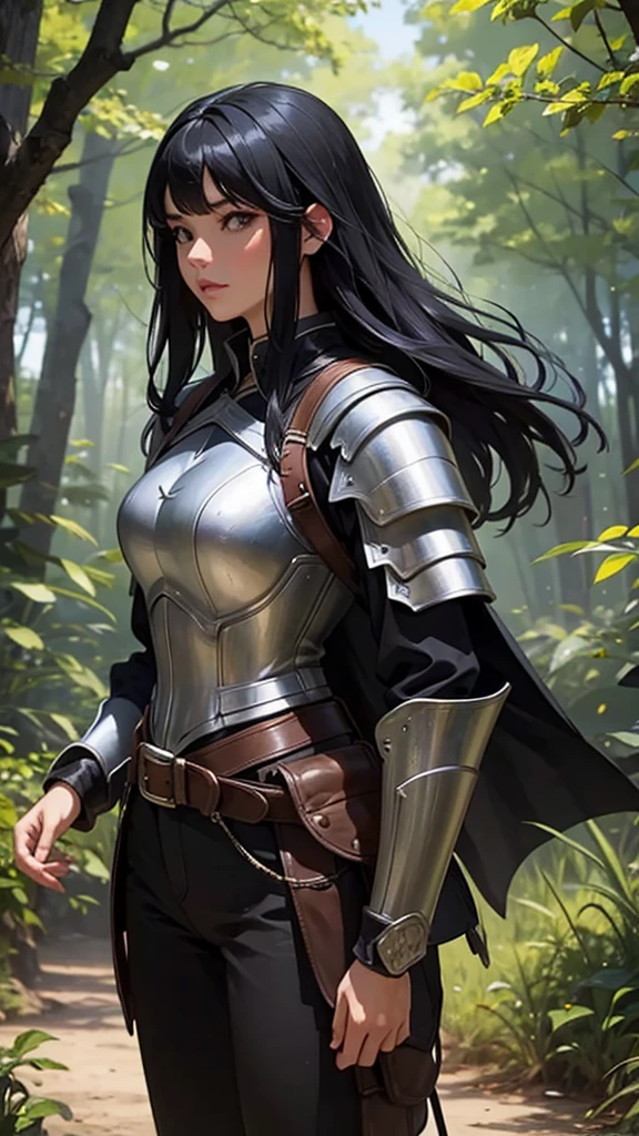 A beautiful black-haired woman standing in the wilderness wearing Western armor