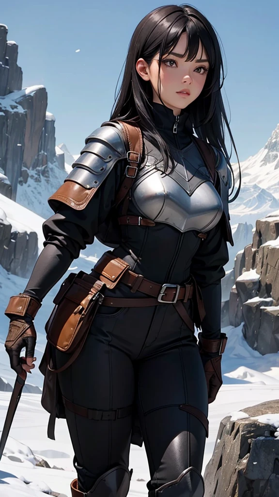 A beautiful black-haired woman standing in the wilderness wearing Western armor
