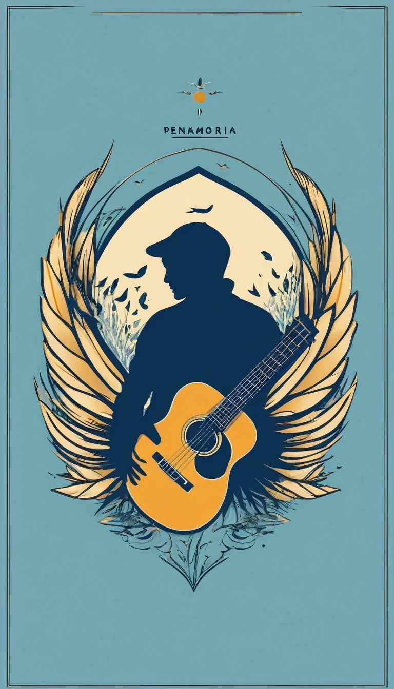 A minimal, modern, simple, cinematic logo design for the brand “Penamemoria". The logo design must be a simple, silhouette of a boy, standing up, playing acoustic guitar and fantasy feather by his side. The logo must convey a sense of music, stories, memories and dreams. Logo design impressed on a book cover. Minimalistic logo. Light blue, soft white and light golden as colors for the logo design