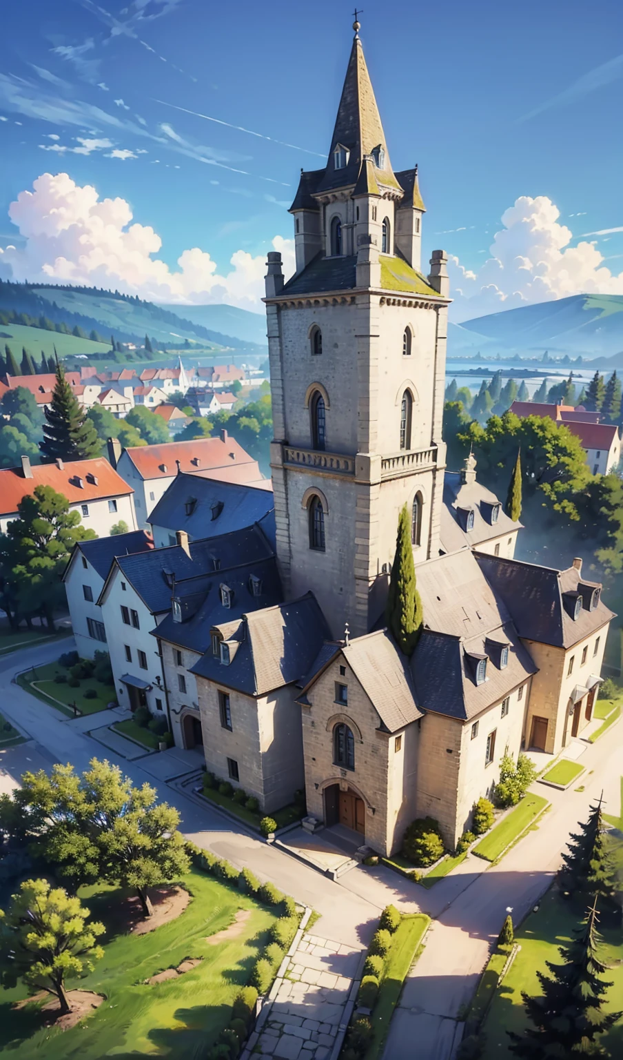 ((masterpiece)),((best quality)),((high detail)),((realistic,)) ((ultra detailed)) landscape of a small medieval town, cartoonist illustration, aeria view, beautiful sky, deformed clouds, 1.3:pine trees, towers.