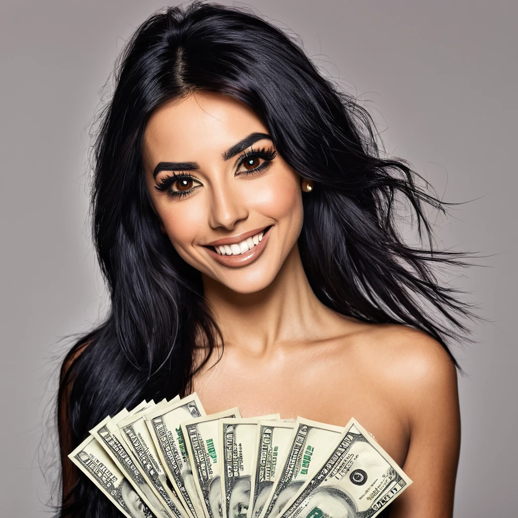 bearded woman beautiful shaggy beard, black hair, brown eyes, eyeliner, proud smile, seductive look, hold a load of dollar bills