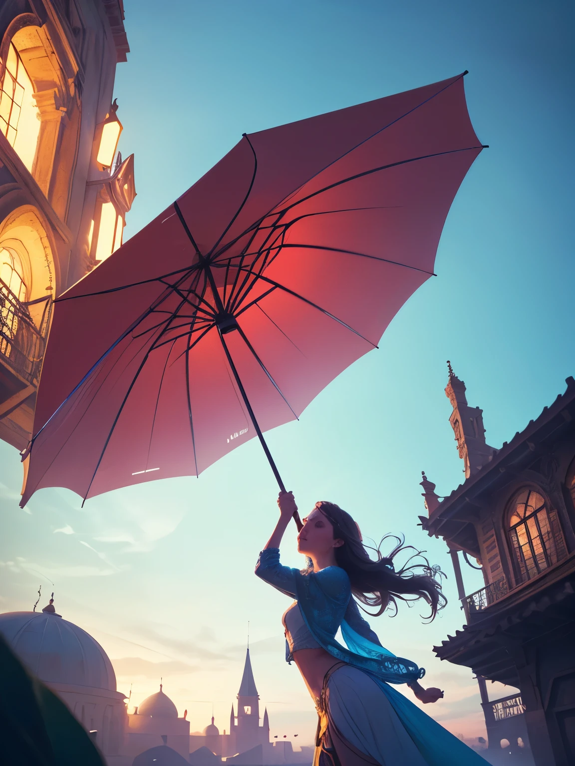 A girl floating in the air holding a large colorful umbrella, low angle view, blue sky background, (best quality,4k,8k,highres,masterpiece:1.2),ultra-detailed,(realistic,photorealistic,photo-realistic:1.37),fantasy,magical realism,dreamy,whimsical,vibrant colors,dramatic lighting,soft focus,cinematic,intricate details,stunning composition