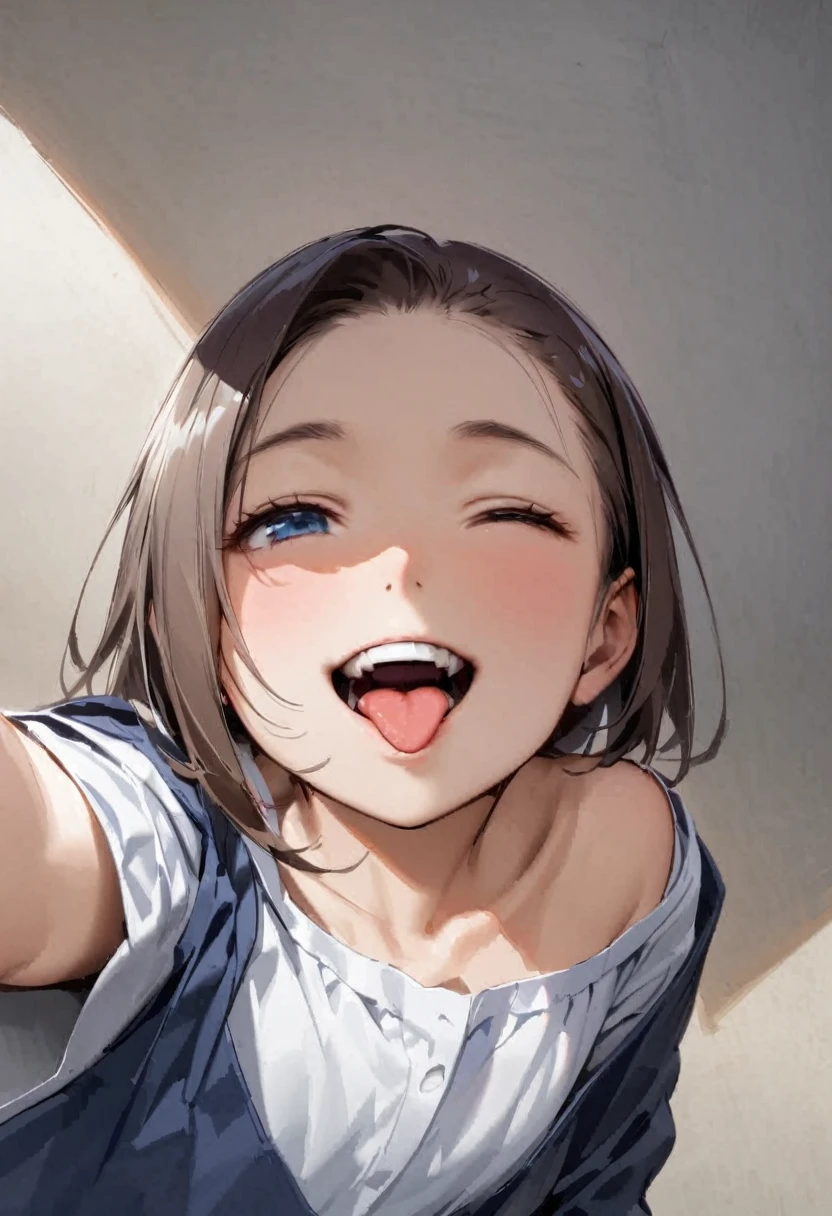 headshot、Sticking out tongue、Stretching out the tongue、Teeth are visible、Close-up of face、Nipples、primary school、Light clothing、Girl、Girl、Short、Younger、Lower school year、Baby Face、Both eyes open、flat chest、smile、sunlight