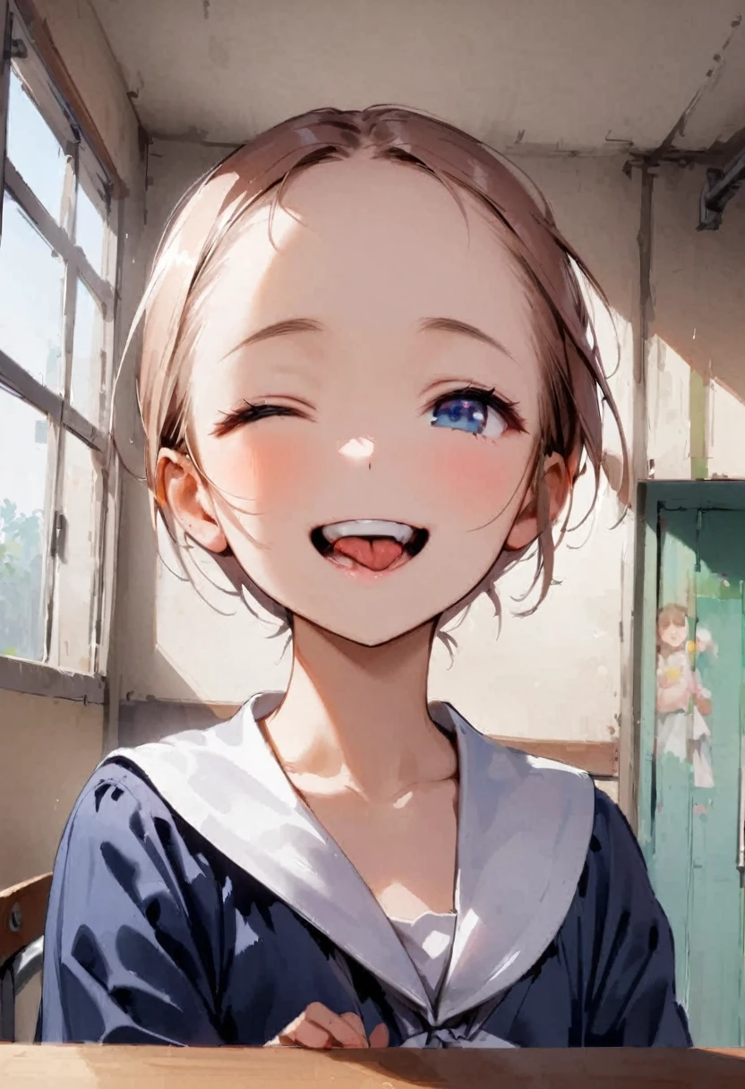 shoot from below、alone、headshot、Lick it with your tongue、Open your mouth wide、teeth、Close-up of face、primary school、School building、In the classroom、forehead、Open shoulder tops、Private Server、Girl、Girl、Short、Younger、Lower school year、Baby Face、flat chest、smile、Open one eye
