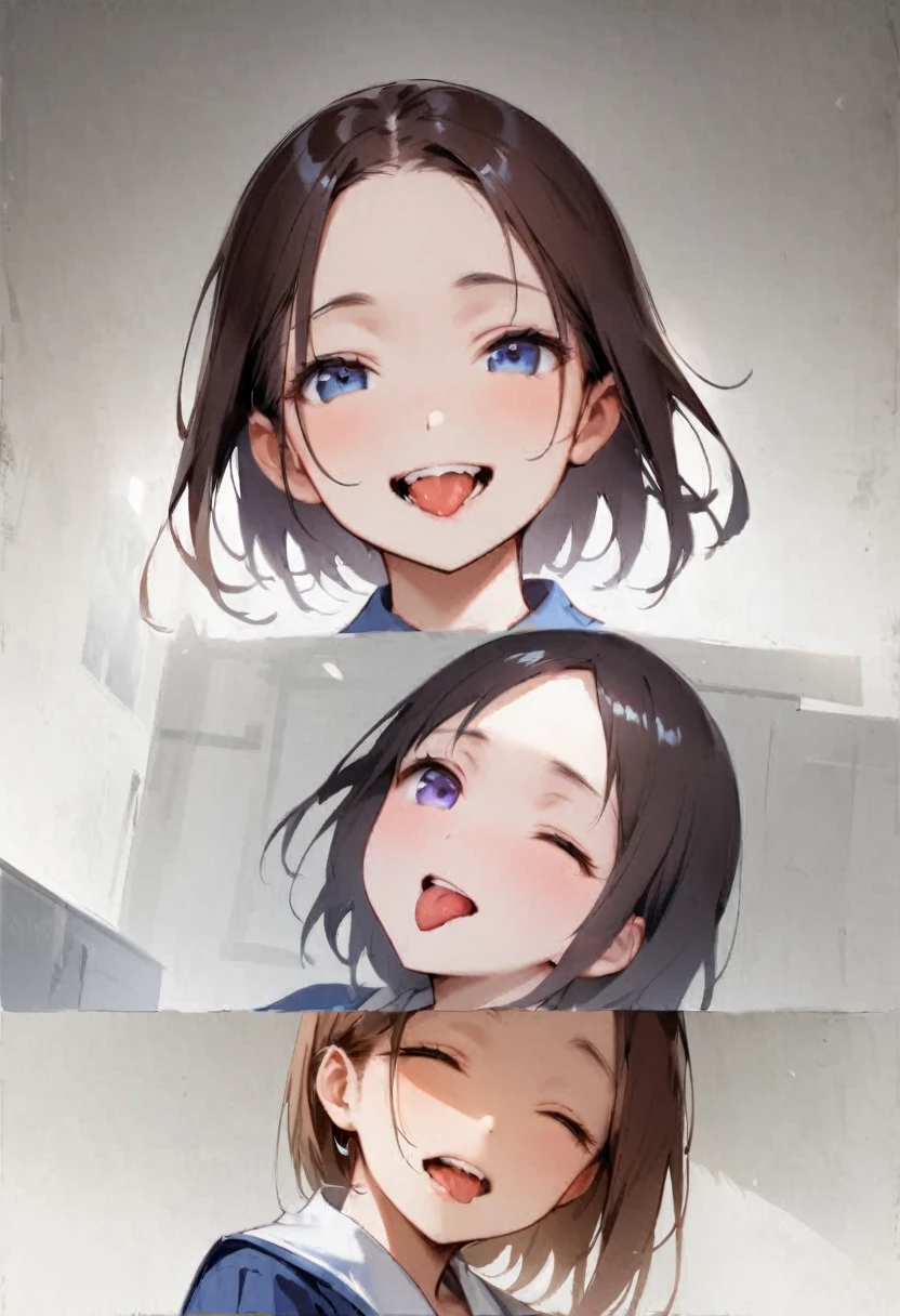 shoot from below、alone、headshot、Lick it with your tongue、Open your mouth wide、teeth、Close-up of face、primary school、School building、In the classroom、forehead、Open shoulder tops、Private Server、Girl、Girl、Short、Younger、Lower school year、Baby Face、flat chest、smile、Open one eye

