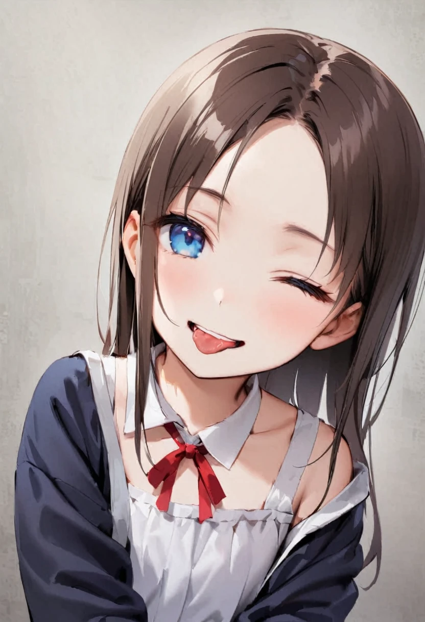 shoot from below、alone、headshot、Lick it with your tongue、Open your mouth wide、teeth、Close-up of face、primary school、School building、In the classroom、forehead、Open shoulder tops、Private Server、Girl、Girl、Short、Younger、Lower school year、Baby Face、flat chest、smile、Open one eye
