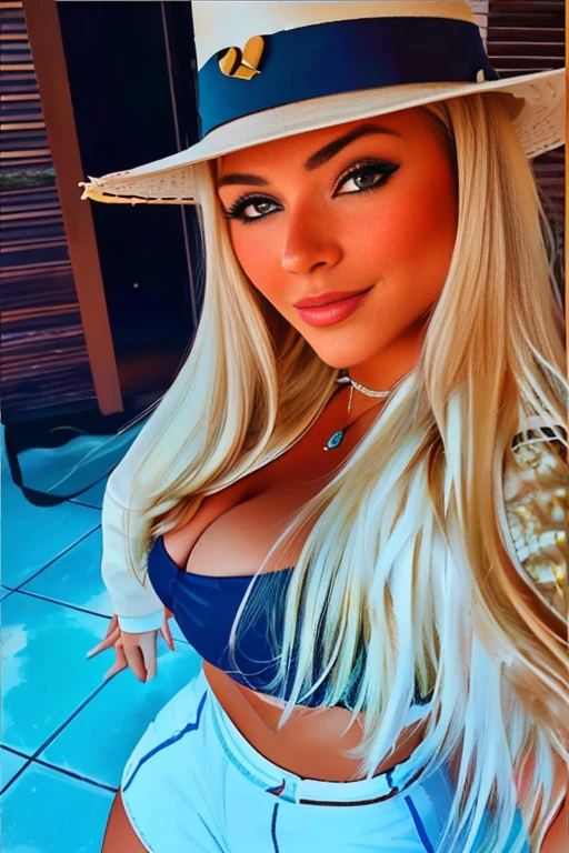 blonde woman in hat and blue shorts posing for a photo, Marisha Becker, looks like fabiula natal, lorena avarez, profile image, 🐎🍑, 🤠 using a 🖥, inspired by Tina Blondell, cowgirl, profile pic, inspired by Károly Lotz, Cl, blond, very low quality image, profile image
