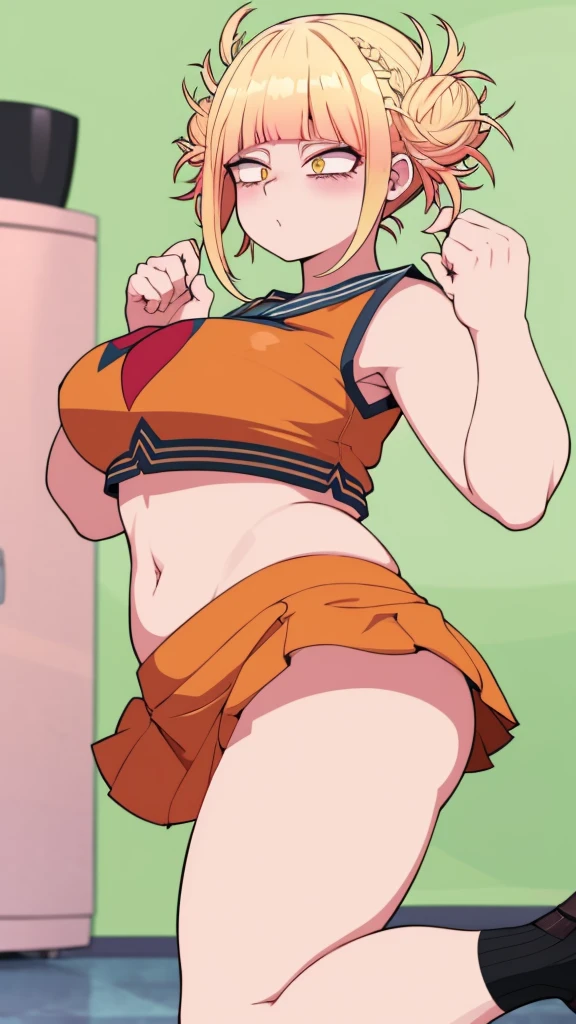 A girl truncheon beautiful crazy psycho beautiful sexy cute big breast hair braid ball yellow shine short cut her eye brown sleepless eye stress mood good dresses orange top green stripe sleeveless cheerleader shows navel and a short bright orange skirt black heel